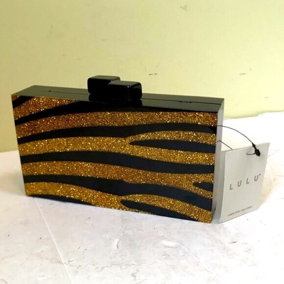 Lulu NYC NEW Zebra Acrylic Box Clutch Glitter Crossbody Shoulder Bag Gold Black - Picture 3 of 16